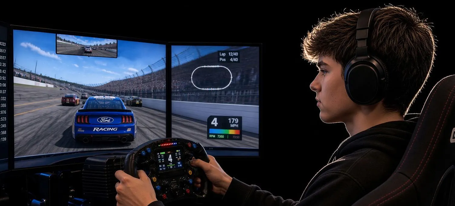 A racer at the simulator wheel